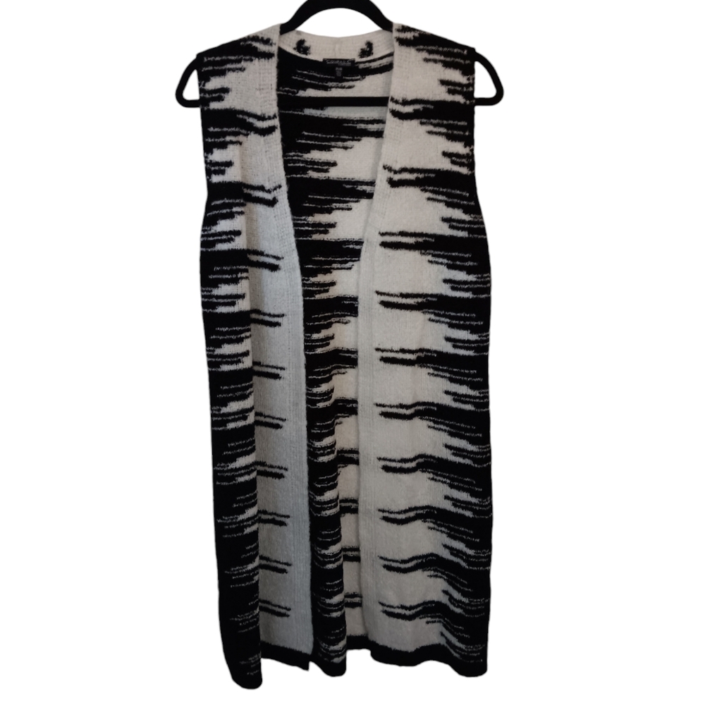 Conrad C Collection Sleeveless Open Front Cardigan, Black/Cream, M, LIKE NEW!